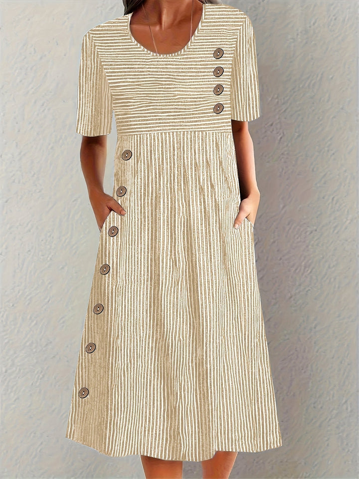 Emmeline | Striped Side Button Midi Dress