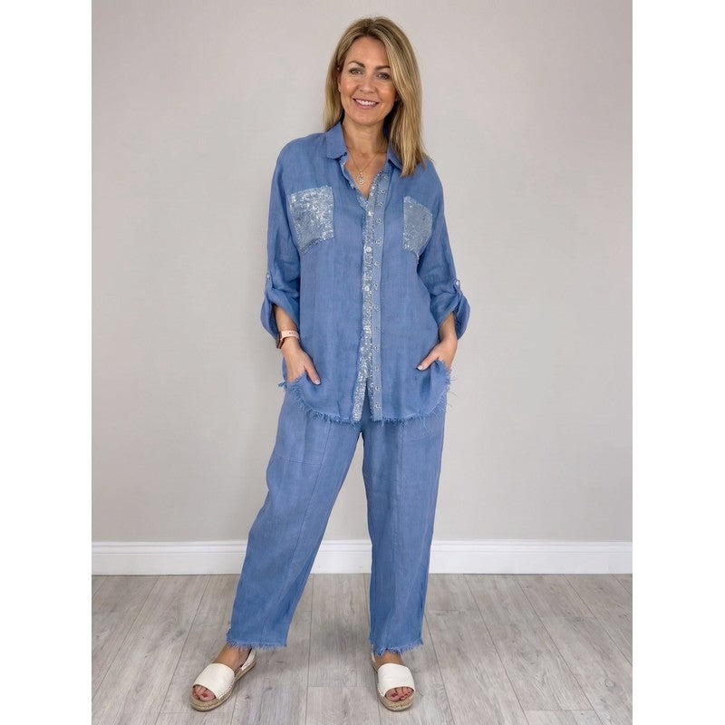 Estelle | Sequined Button-Front Blouse & Wide-Leg Pants Set