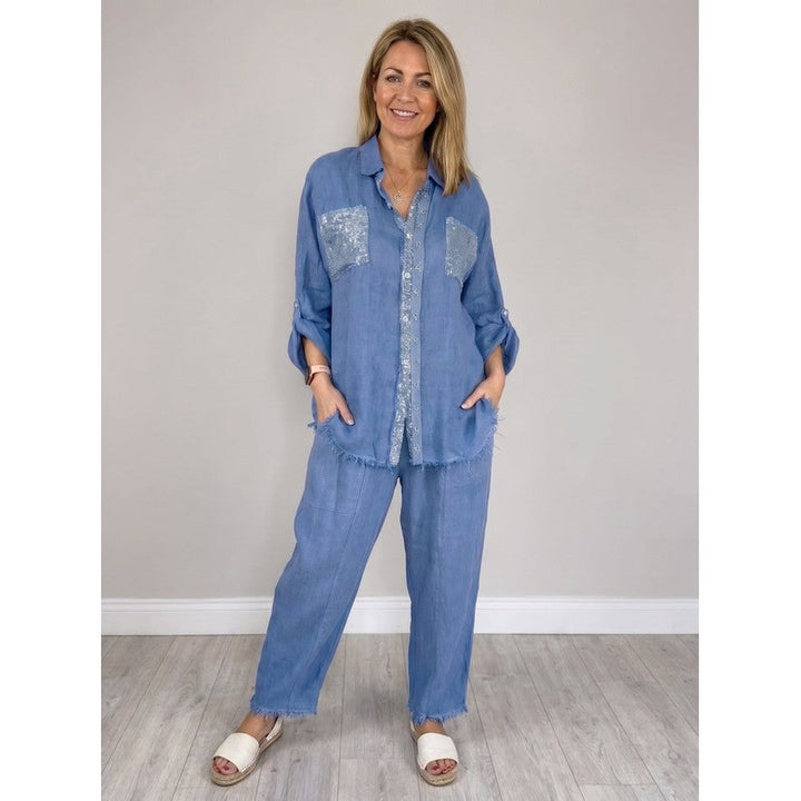 Estelle | Sequined Button-Front Blouse & Wide-Leg Pants Set