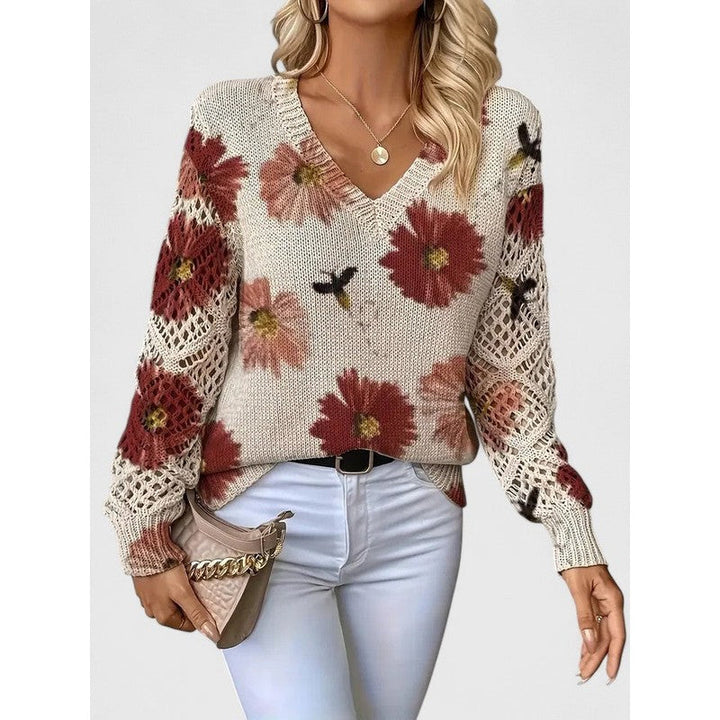 Aubrielynn | Floral Print V-Neck Knit Sweater