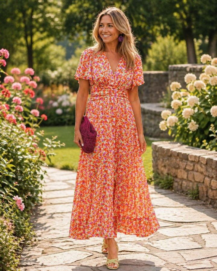 Angelina | Floral Ruched Waist Midi Dress