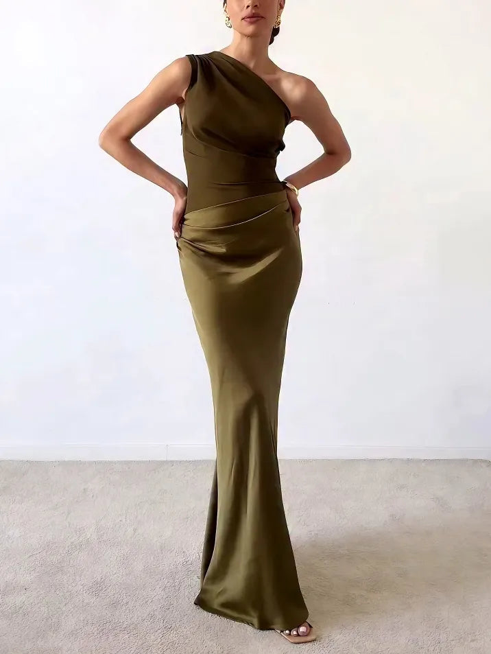 Aria | Elegant One Shoulder Neck Pleated Party Maxi Dress