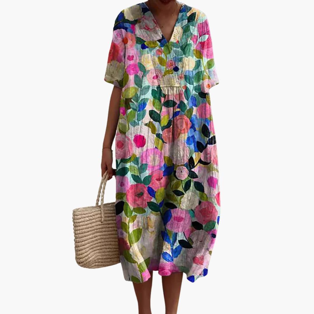 Brittany | Women's Floral Midi Dress with V-Neck and Short Sleeves