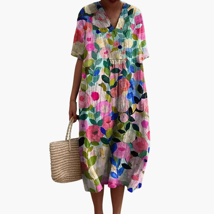 Brittany | Women's Floral Midi Dress with V-Neck and Short Sleeves