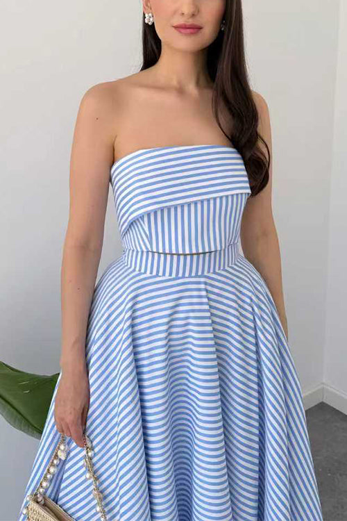 Delaney | Women's Striped Strapless Top & Midi Skirt Set