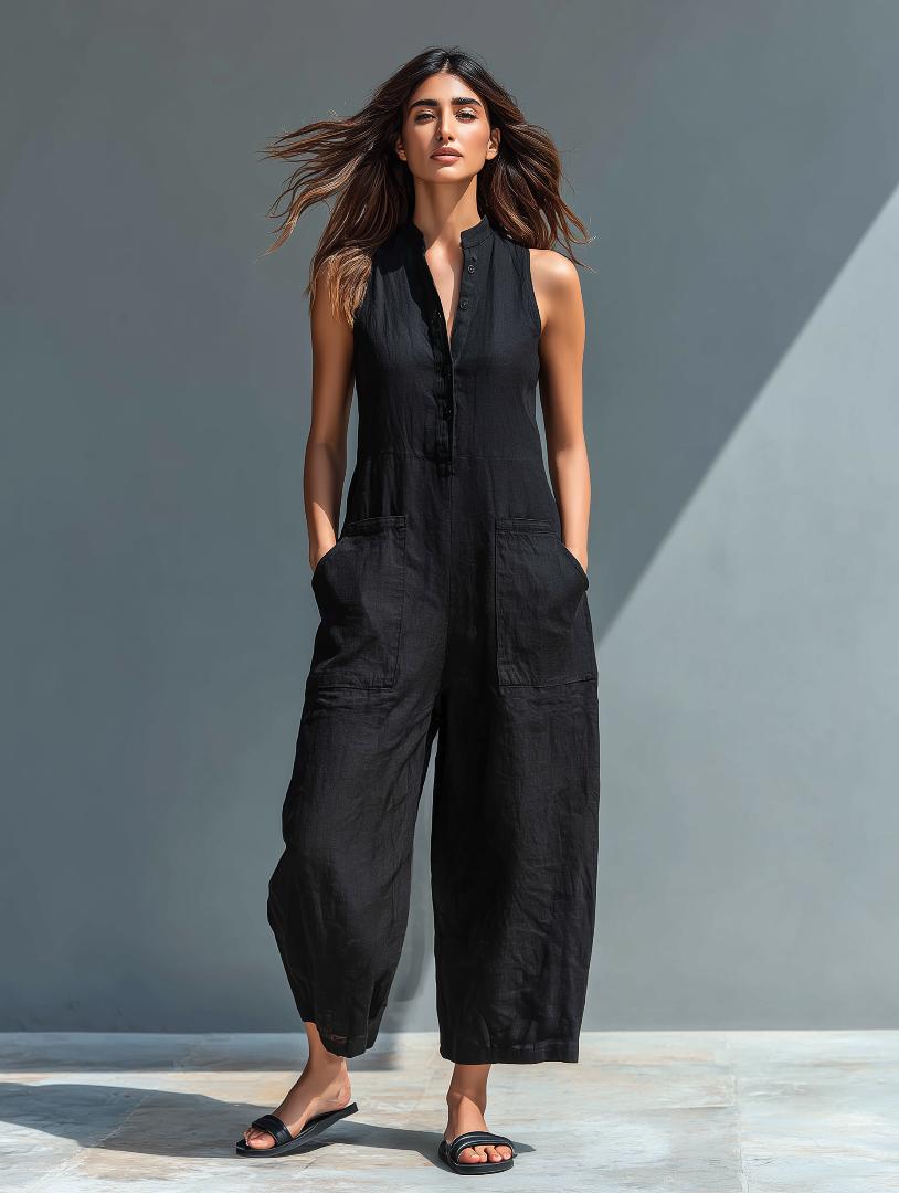 Sloane | Sleeveless Minimalist Jumpsuit for Women with High Collar and Buttons