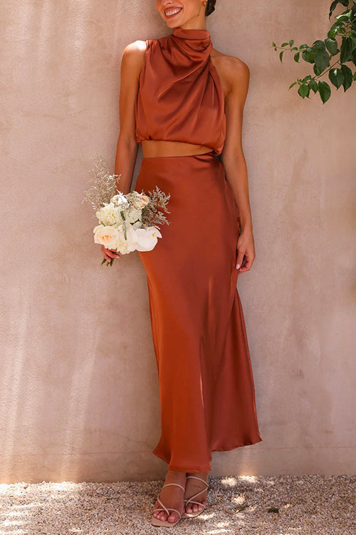 Kensley | Women's Satin Cowl Neck Crop Top & Maxi Skirt Set