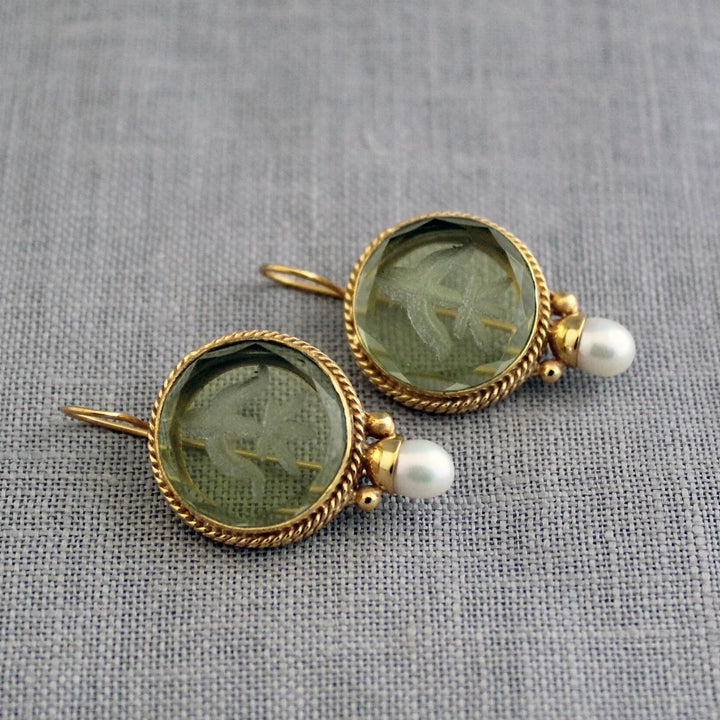 Vintage Rounded Green Stone Pearl Earrings