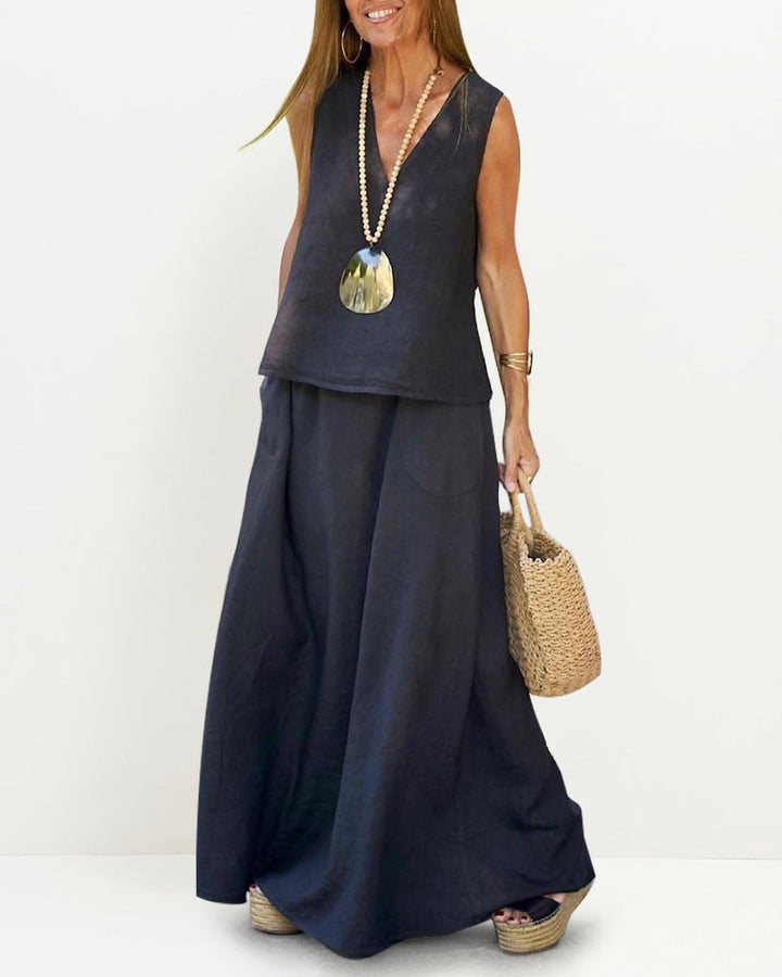 Océane | Women's Sleeveless V-Neck Top & Flowy Maxi Skirt Set