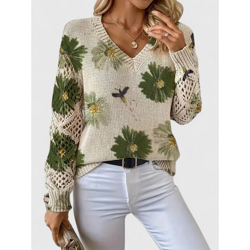 Aubrielynn | Floral Print V-Neck Knit Sweater