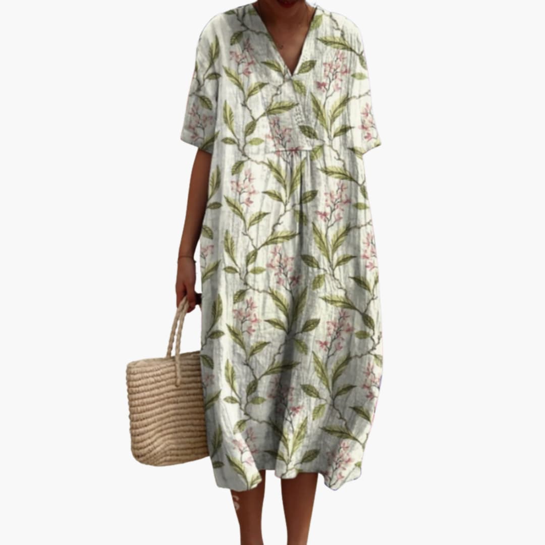 Brittany | Women's Floral Midi Dress with V-Neck and Short Sleeves