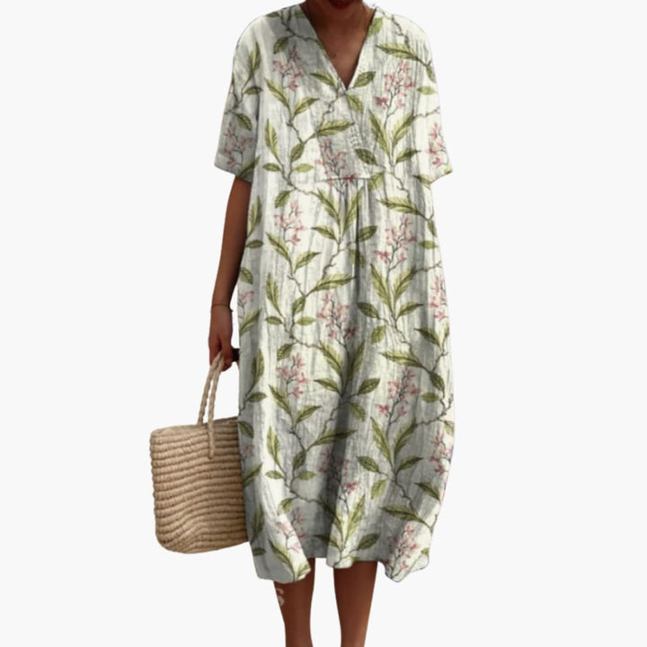 Brittany | Women's Floral Midi Dress with V-Neck and Short Sleeves