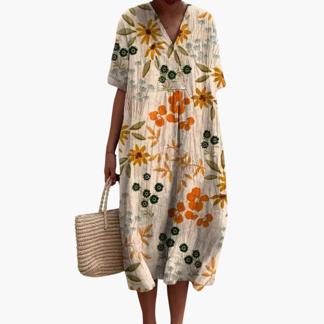 Brittany | Women's Floral Midi Dress with V-Neck and Short Sleeves