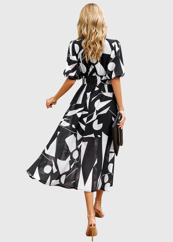 Juliette | Women's Printed V-Neck Puff Sleeve Midi Dress