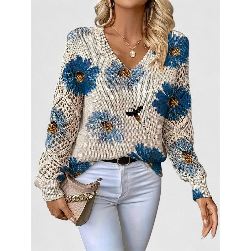 Aubrielynn | Floral Print V-Neck Knit Sweater