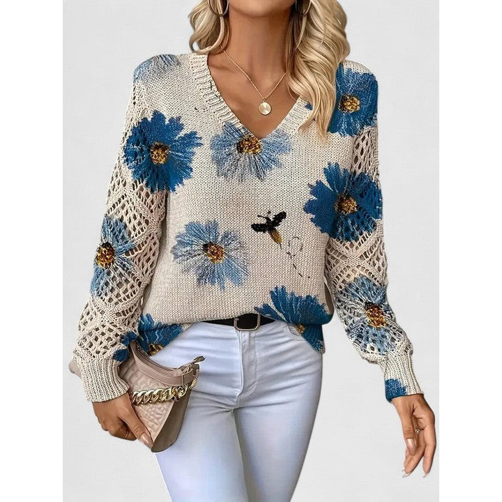 Aubrielynn | Floral Print V-Neck Knit Sweater