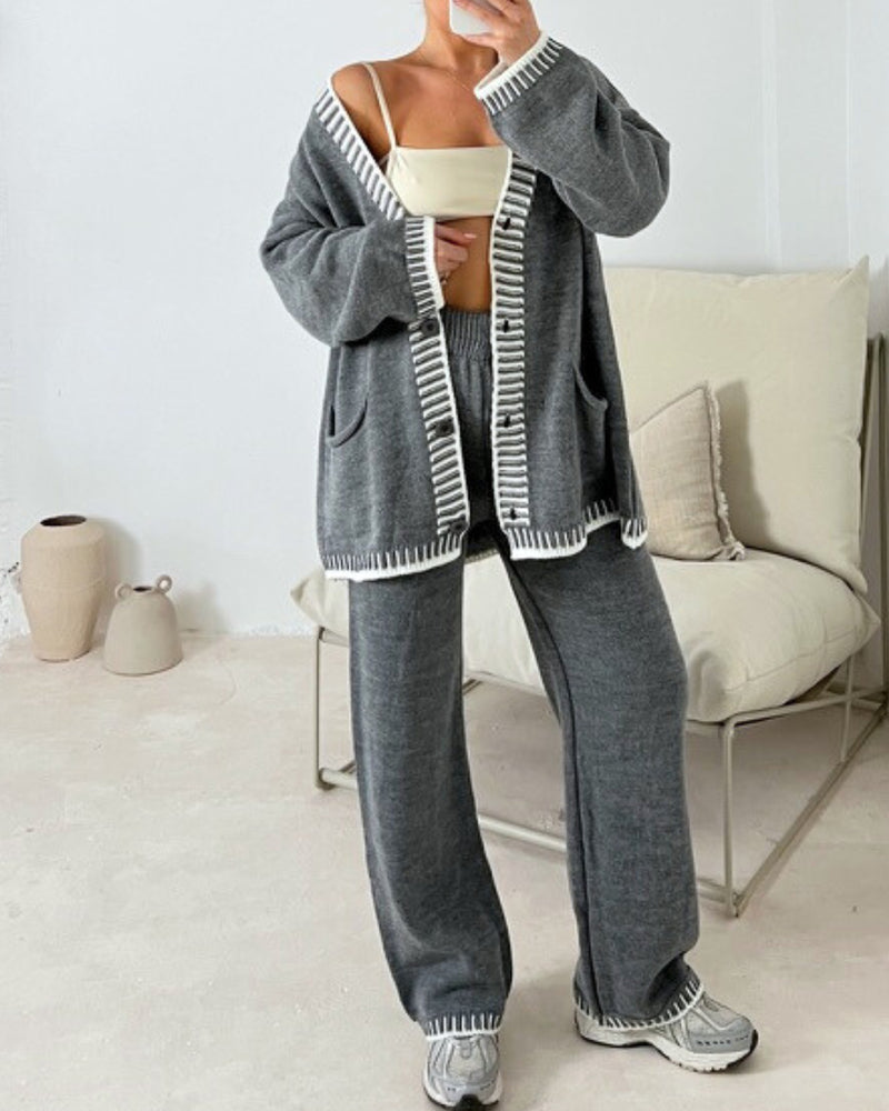 Genevieve | Women's Contrast-Trim Knit Cardigan & Wide-Leg Pant Set