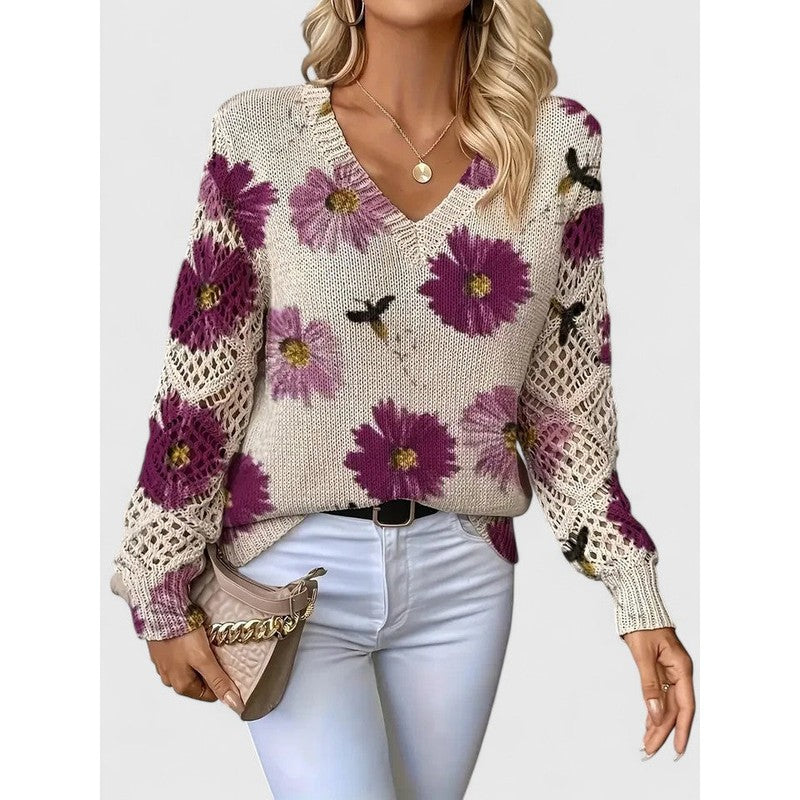 Aubrielynn | Floral Print V-Neck Knit Sweater