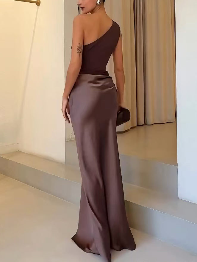 Aria | Elegant One Shoulder Neck Pleated Party Maxi Dress