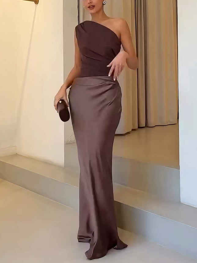 Aria | Elegant One Shoulder Neck Pleated Party Maxi Dress