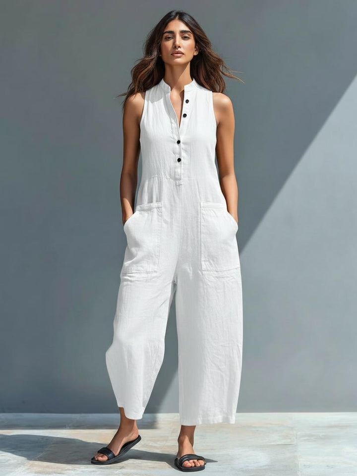 Sloane | Sleeveless Minimalist Jumpsuit for Women with High Collar and Buttons