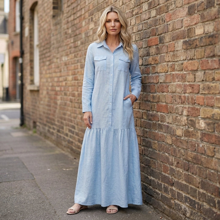 Quinn | Coastal Breeze Button-Front Flowing Maxi Shirt Dress