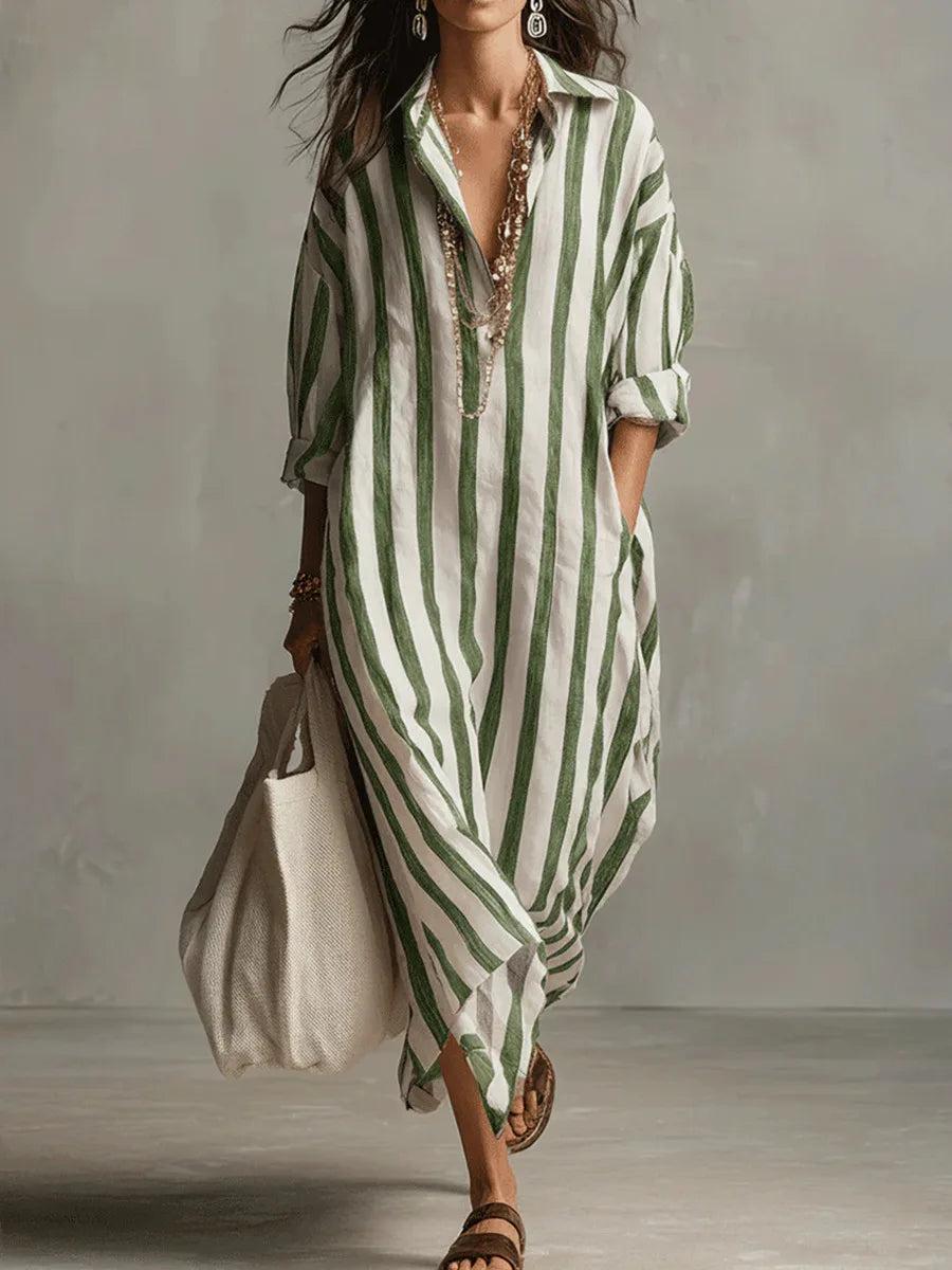 Marina | Women’s Striped Linen Long Shirt Dress