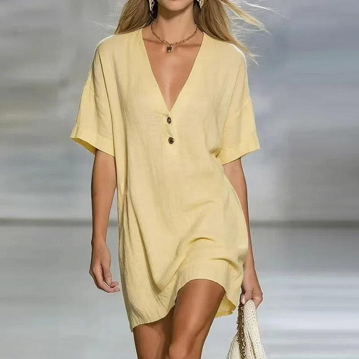 Liora | V Neck Linen Shirt Dress
