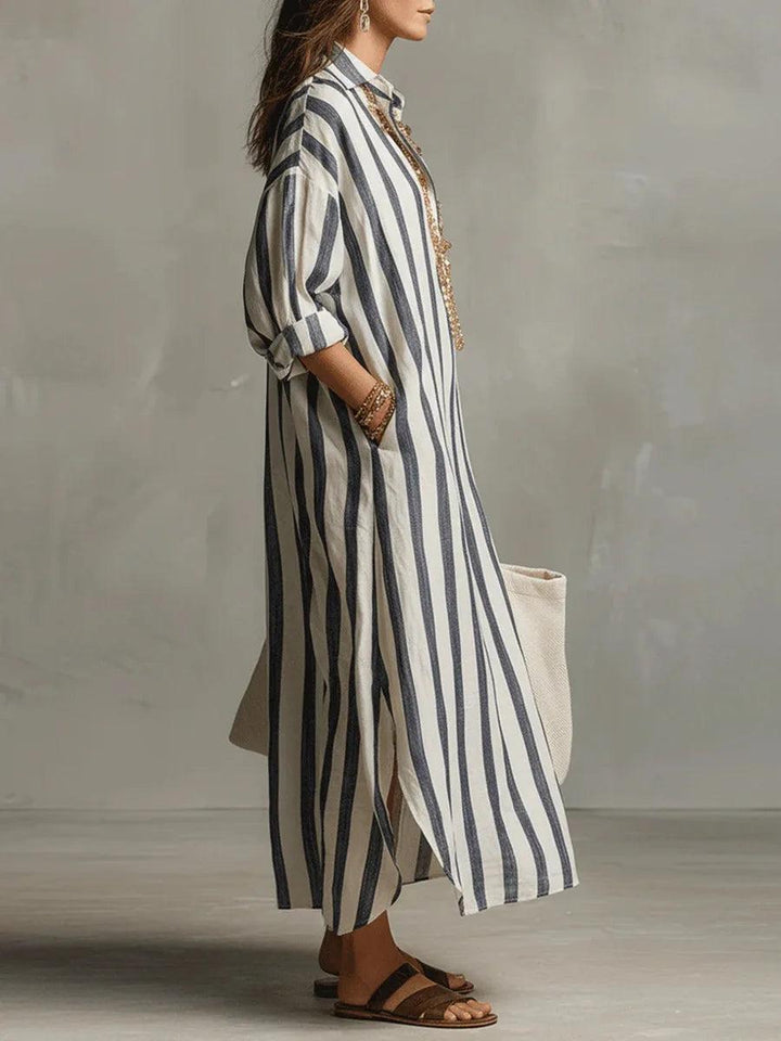 Marina | Women’s Striped Linen Long Shirt Dress