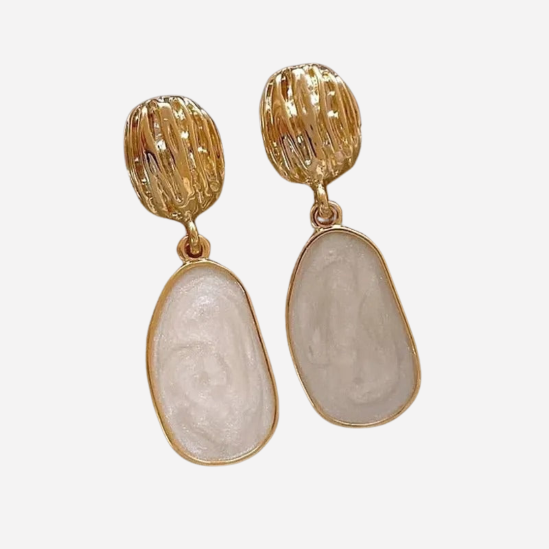 Oval Hanging Earrings with White Enamel