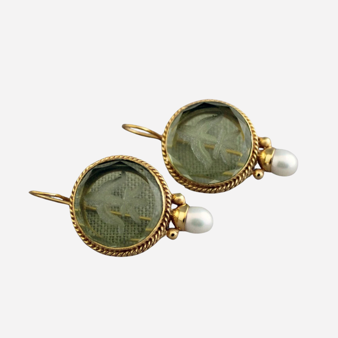 Vintage Rounded Green Stone Pearl Earrings