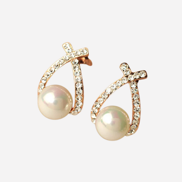 Crossed Pearl Earrings Studded with Crystals