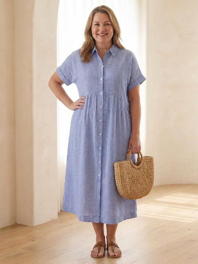 Heather | Striped Button Front Short Sleeve Midi Dress