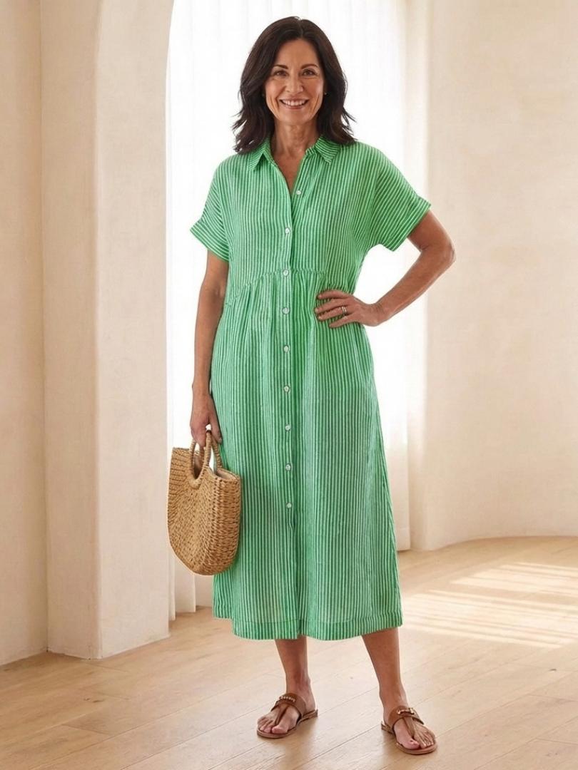 Heather | Striped Button Front Short Sleeve Midi Dress