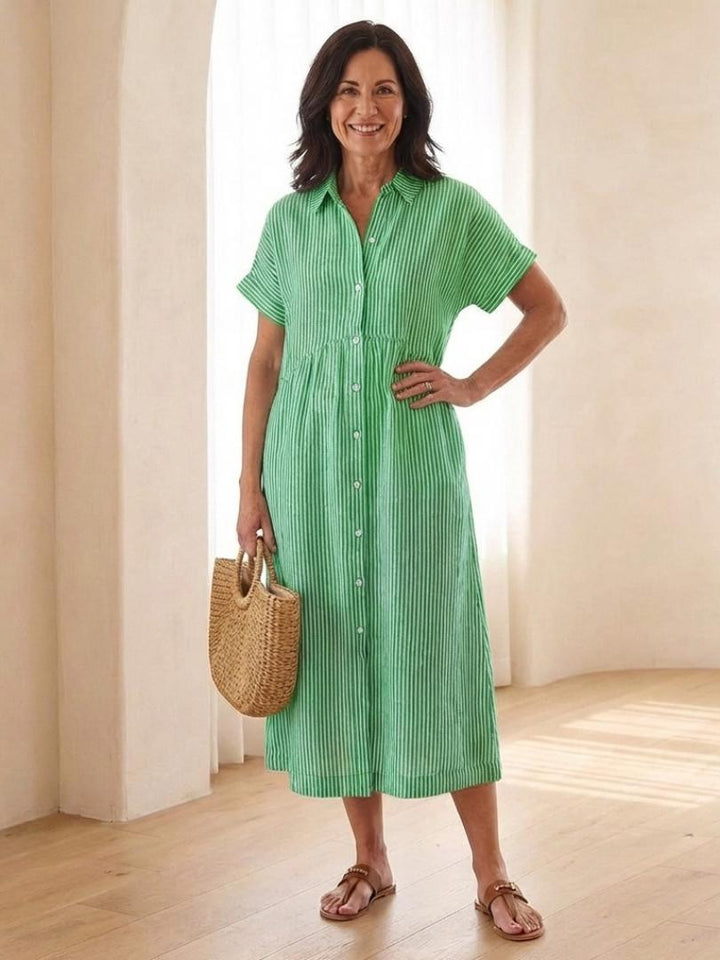 Heather | Striped Button Front Short Sleeve Midi Dress