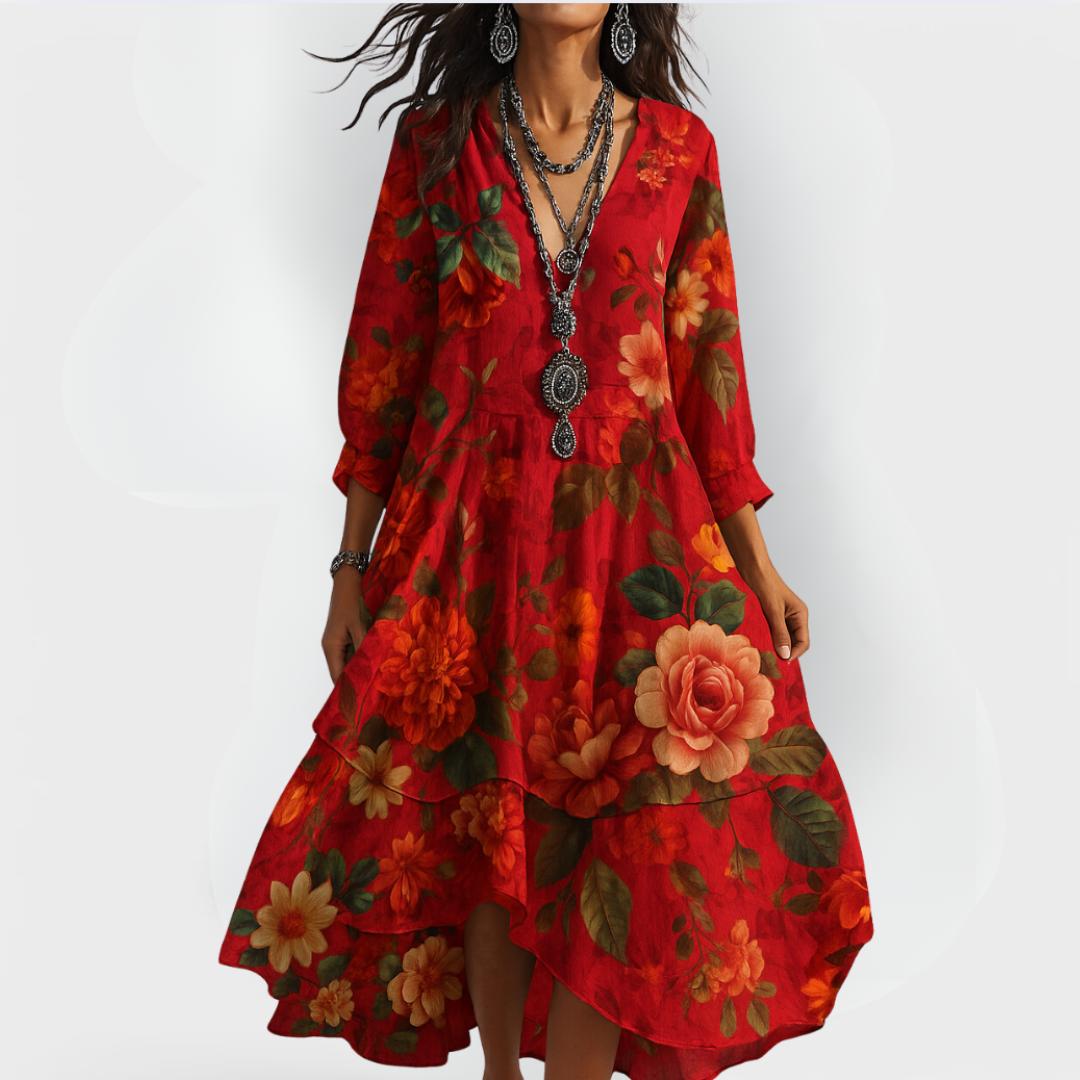 Diana | Floral Midi Dress V-Neck 3/4 Sleeve