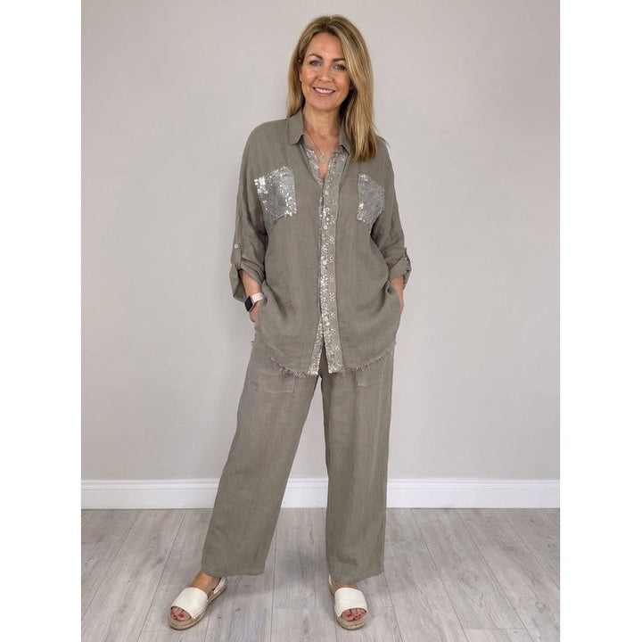 Estelle | Sequined Button-Front Blouse & Wide-Leg Pants Set