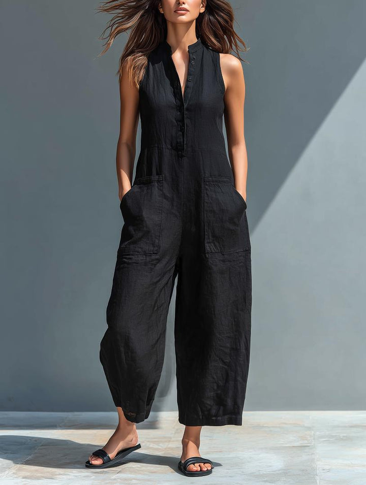 Sloane | Sleeveless Minimalist Jumpsuit for Women with High Collar and Buttons
