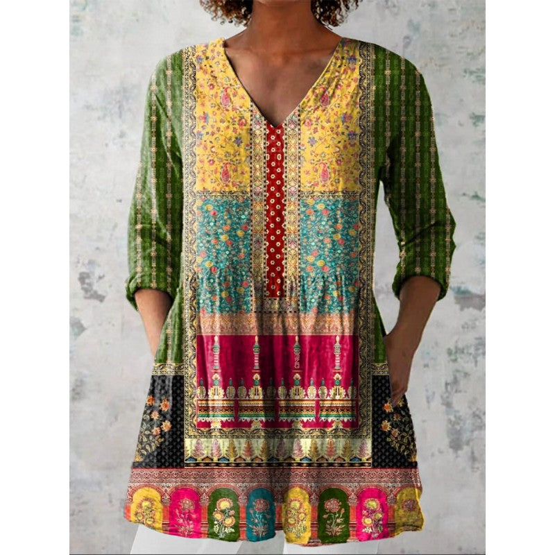Océane | V-Neck Patchwork Print Long Blouse