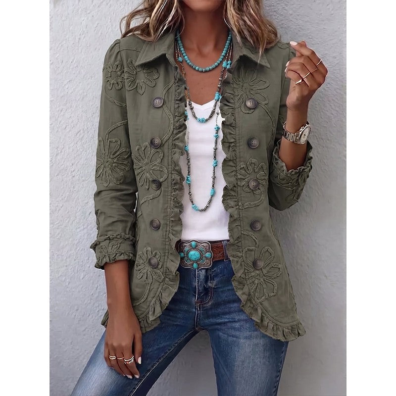 Clara | Floral Embroidered Army Green Coat