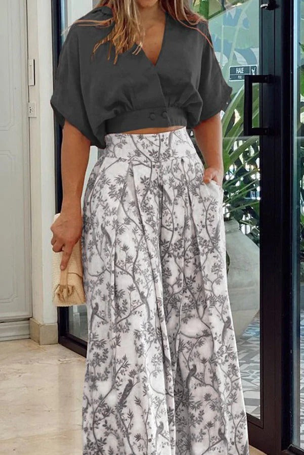 Sutton | Women's Knot-Front Tee & Floral Wide-Leg Pant Set