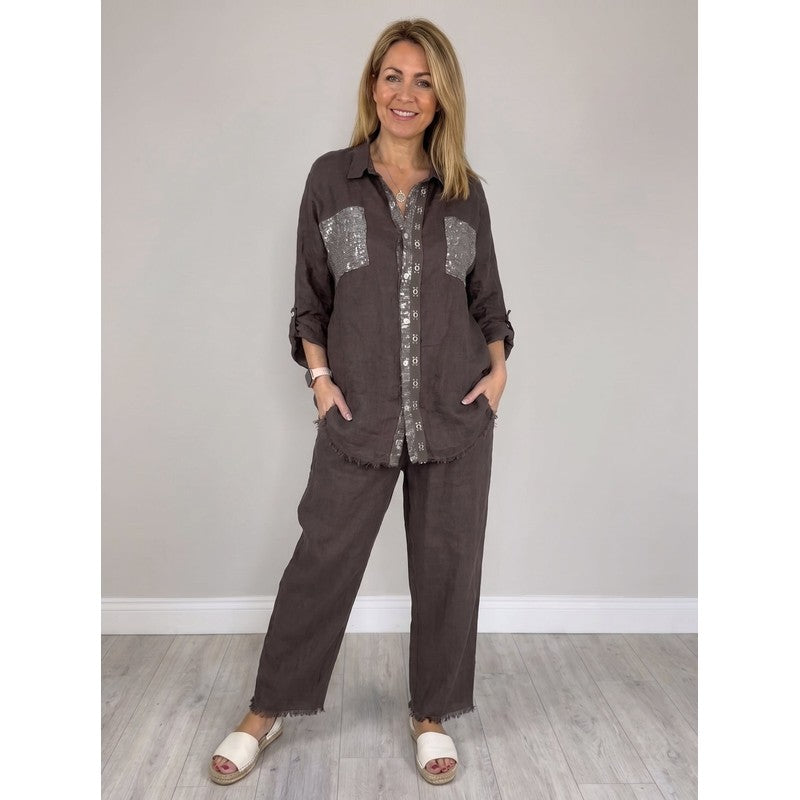 Estelle | Sequined Button-Front Blouse & Wide-Leg Pants Set