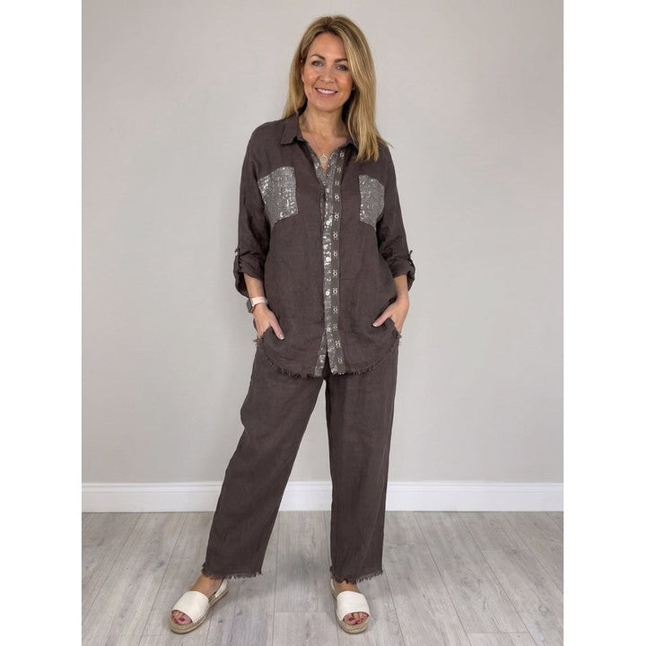Estelle | Sequined Button-Front Blouse & Wide-Leg Pants Set