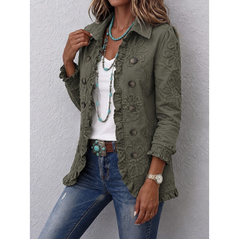 Clara | Floral Embroidered Army Green Coat