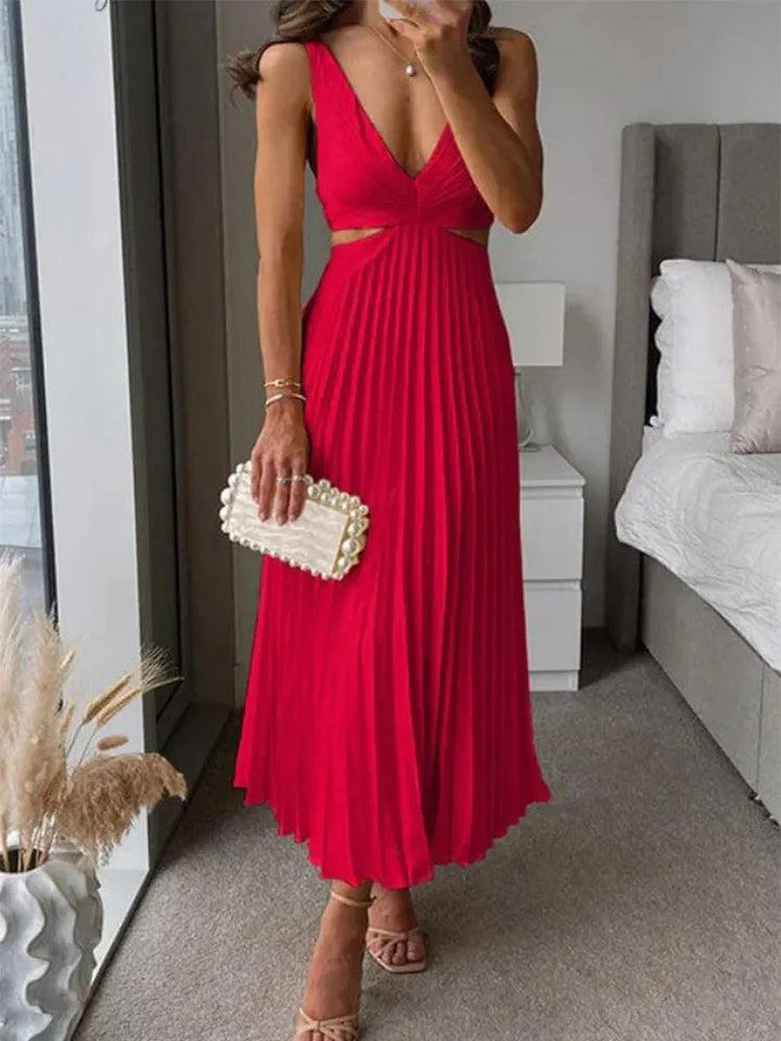 Caroline | Elegant V-Neck Pleated Skirt Dress for Women
