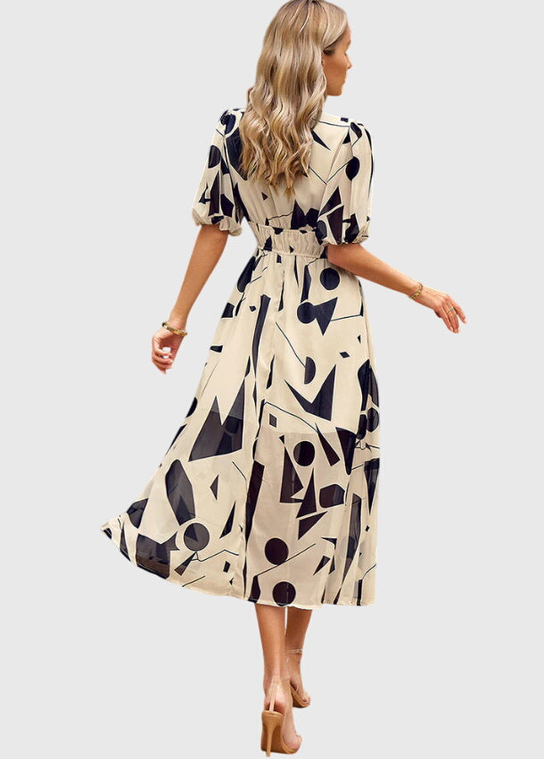 Juliette | Women's Printed V-Neck Puff Sleeve Midi Dress