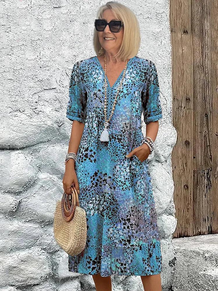 Noelle | Printed V Neck Short Sleeve Midi
