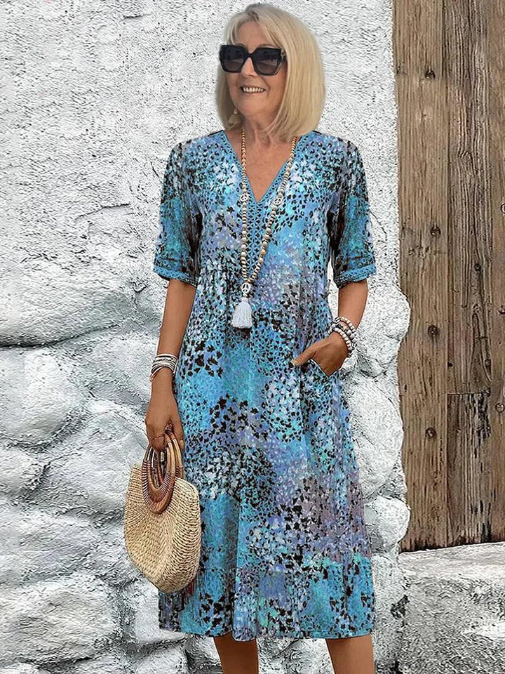 Noelle | Printed V Neck Short Sleeve Midi