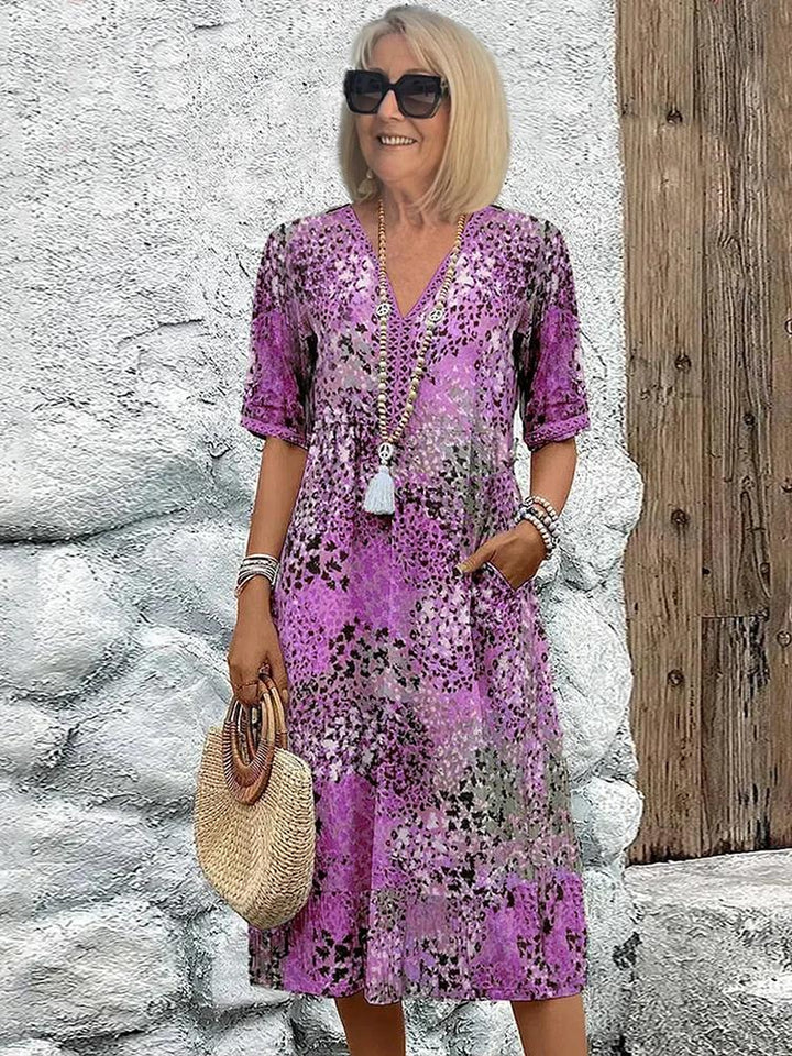 Noelle | Printed V Neck Short Sleeve Midi
