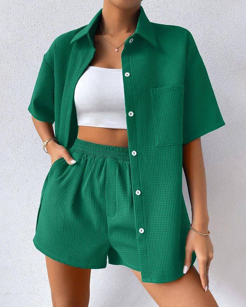 Camille | Women's Short-Sleeve Button-Up Shirt & Shorts Set